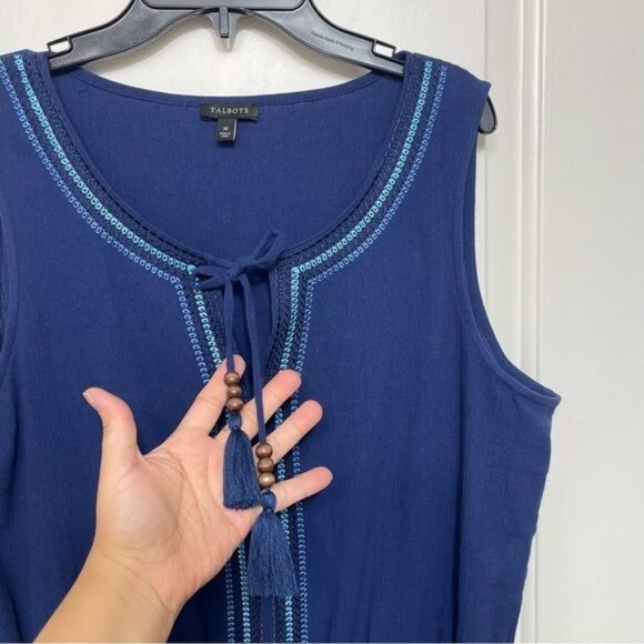 TALBOTS EMBROIDERED SPLIT NECK COVER-UP IN BLUE SIZE M - Picture 9 of 13